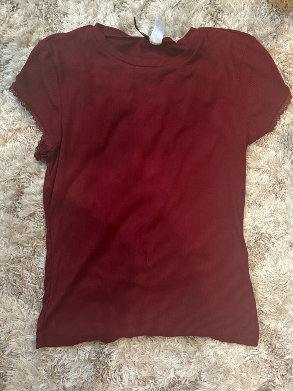 H&M Burgundy Ribbed Short Sleeve Tee with Lace Trim